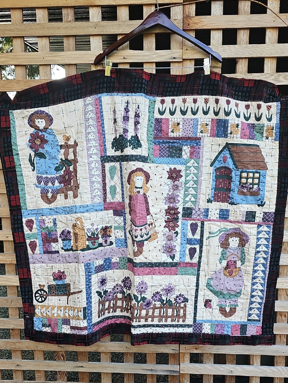 Handmade Patchwork Doll & Floral Quilt Throw in Cream, Blue, Pink, Purple